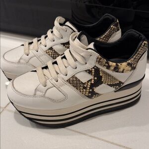 Hogan White and Black Platform Sneakers with Snake Print